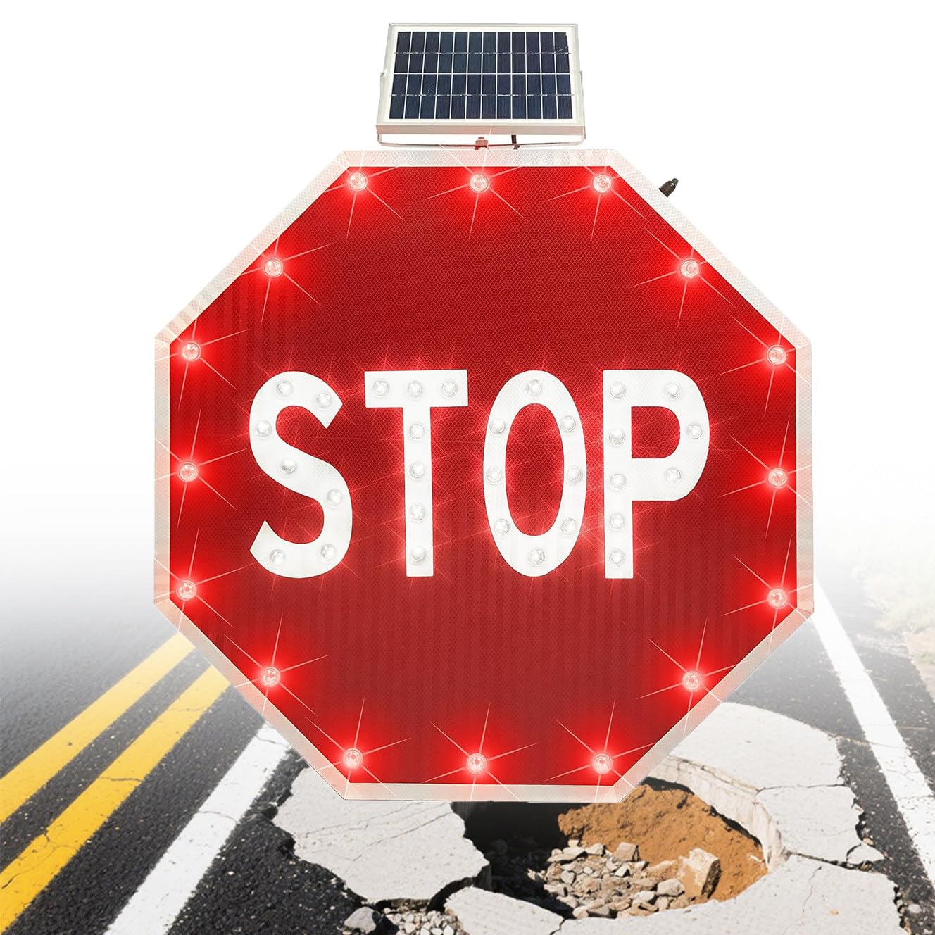 PtaTritious Solar Powered Flashing LED Stop Sign,solar powered led blinking reflective street traffic warning sign, Rust-Proof Metal Frame, IP65 Waterproof 24''