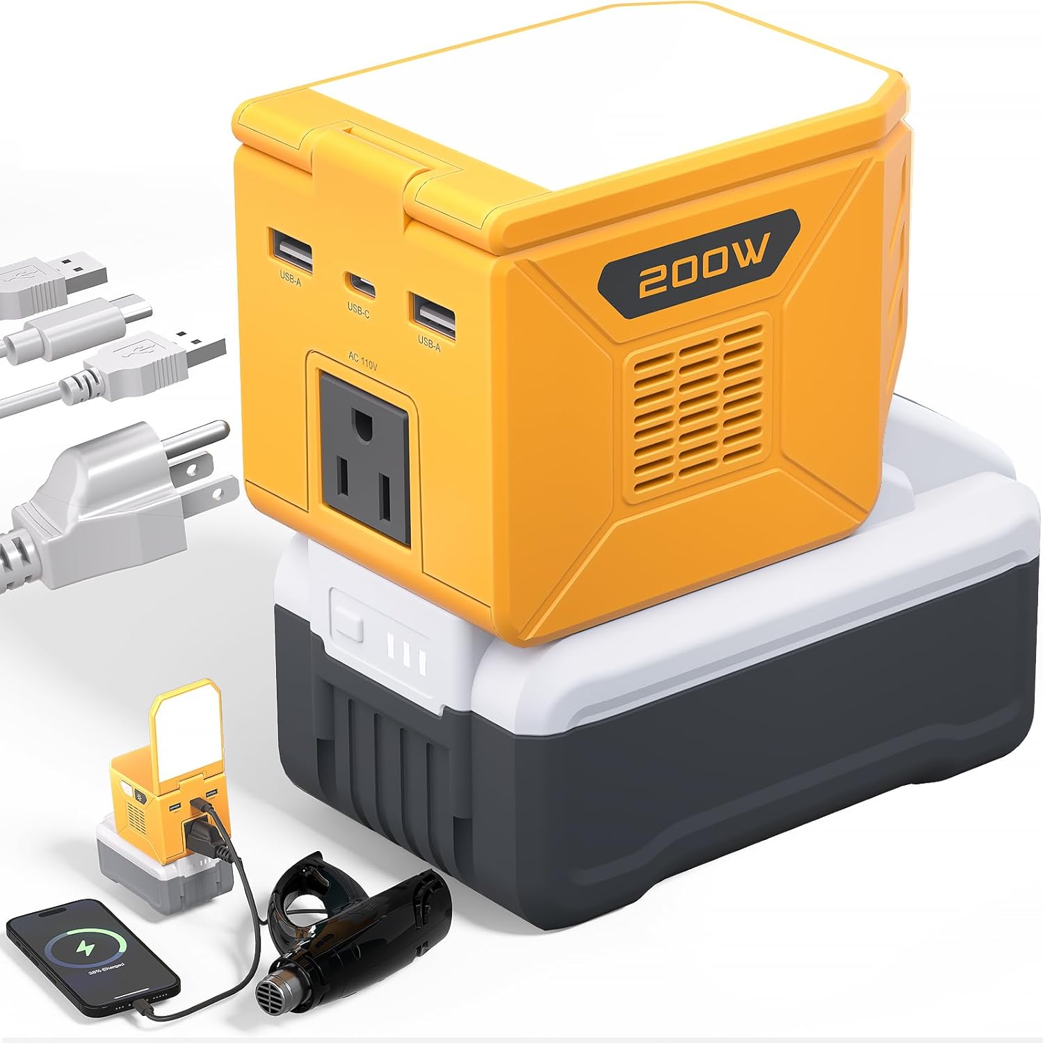 Power Inverter for DeWalt 20V Battery 200W (350W Peak), Portable Power Station Outdoor Generator Battery Converter with 2 USB-A &1 USB-C&110V AC&Rotatable LED Headlights(Tool Only)