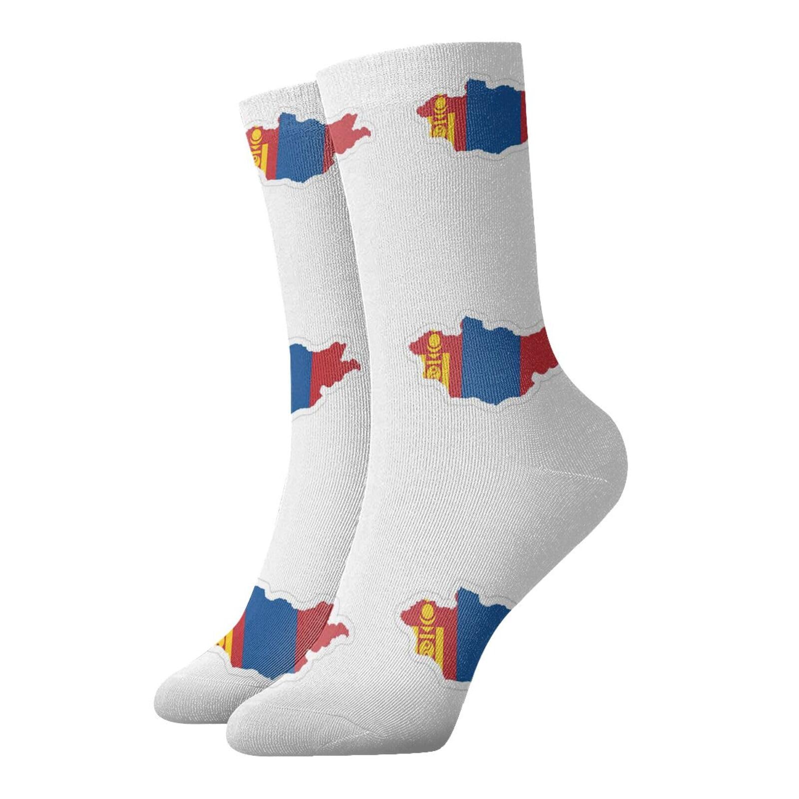 Jejea Unisex White Mongolian Flag Map Print Soff Crew Socks For Womens Men Cozy Elastic Breathable Comfortable Long Casual Socks
