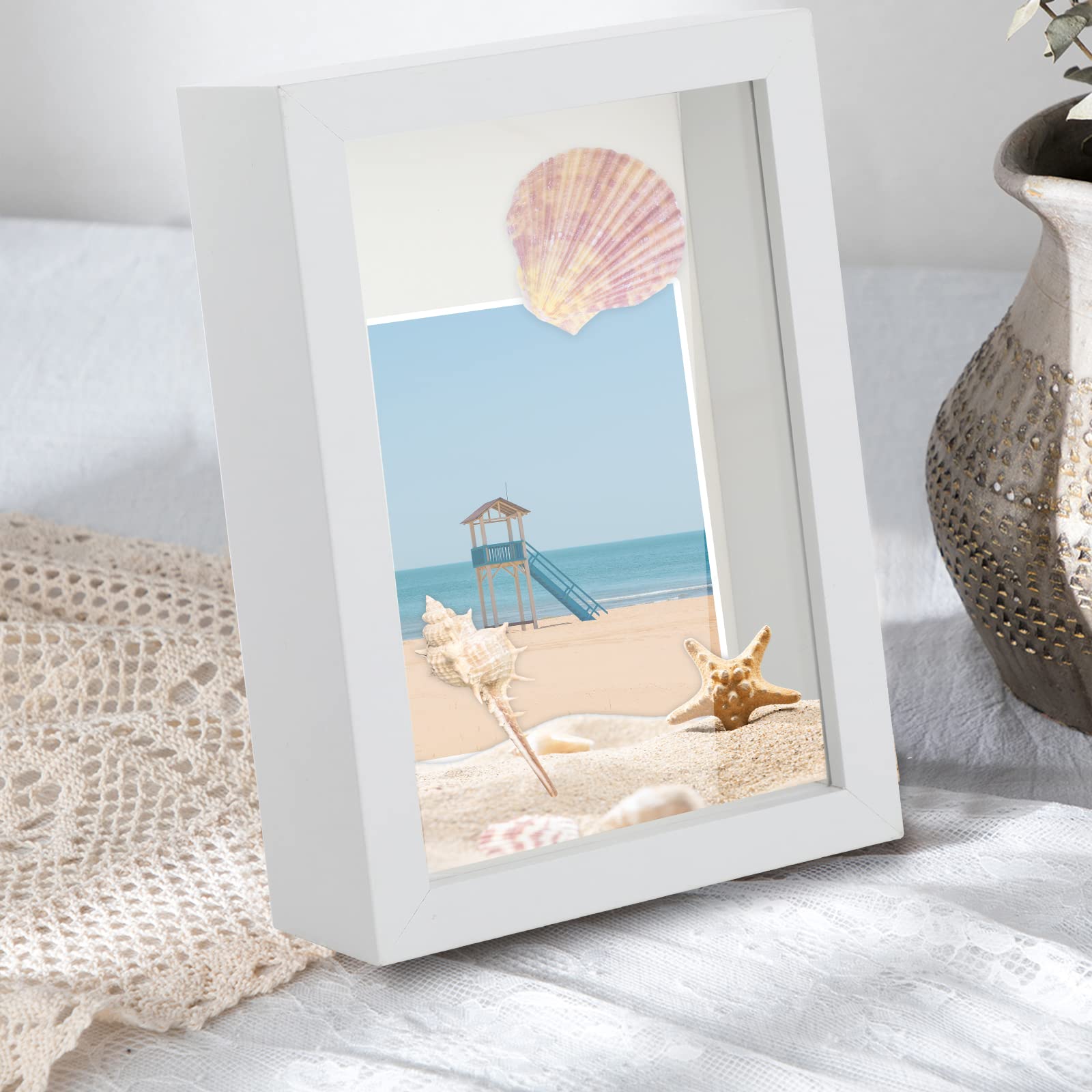 3D Marco de Fotos 10x15 cm, Anhow 2 Piezas Multiples Marcos con Profundidad 3cm con Lámina Vaso Transparente - Blanco/ 2 Piezas