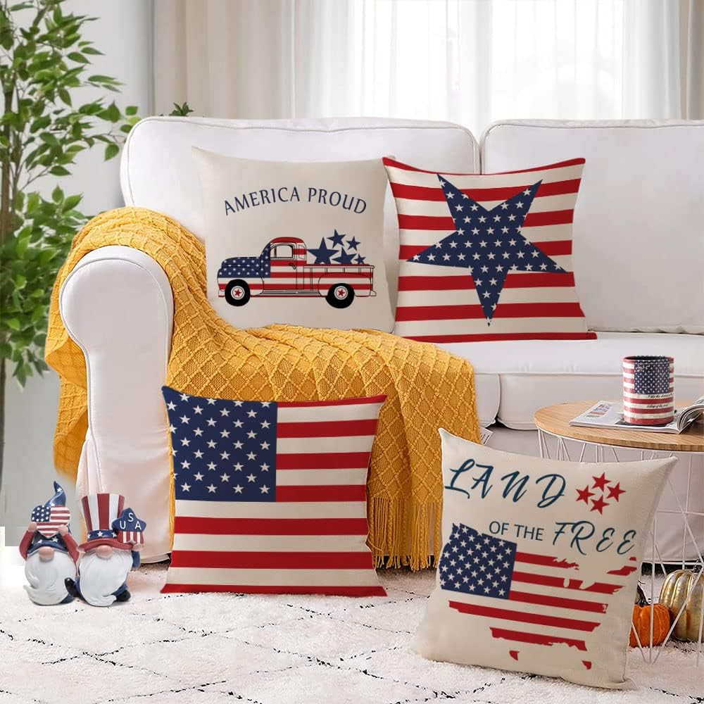 YeeJu Set of 4 Patriotic Throw Pillow Covers 24x24 4th of July Pillow Covers American Flag Fourth of July Memorial Day Independence Day Red White Blue Veteran Pillow Cases for Home Outdoor Decoration