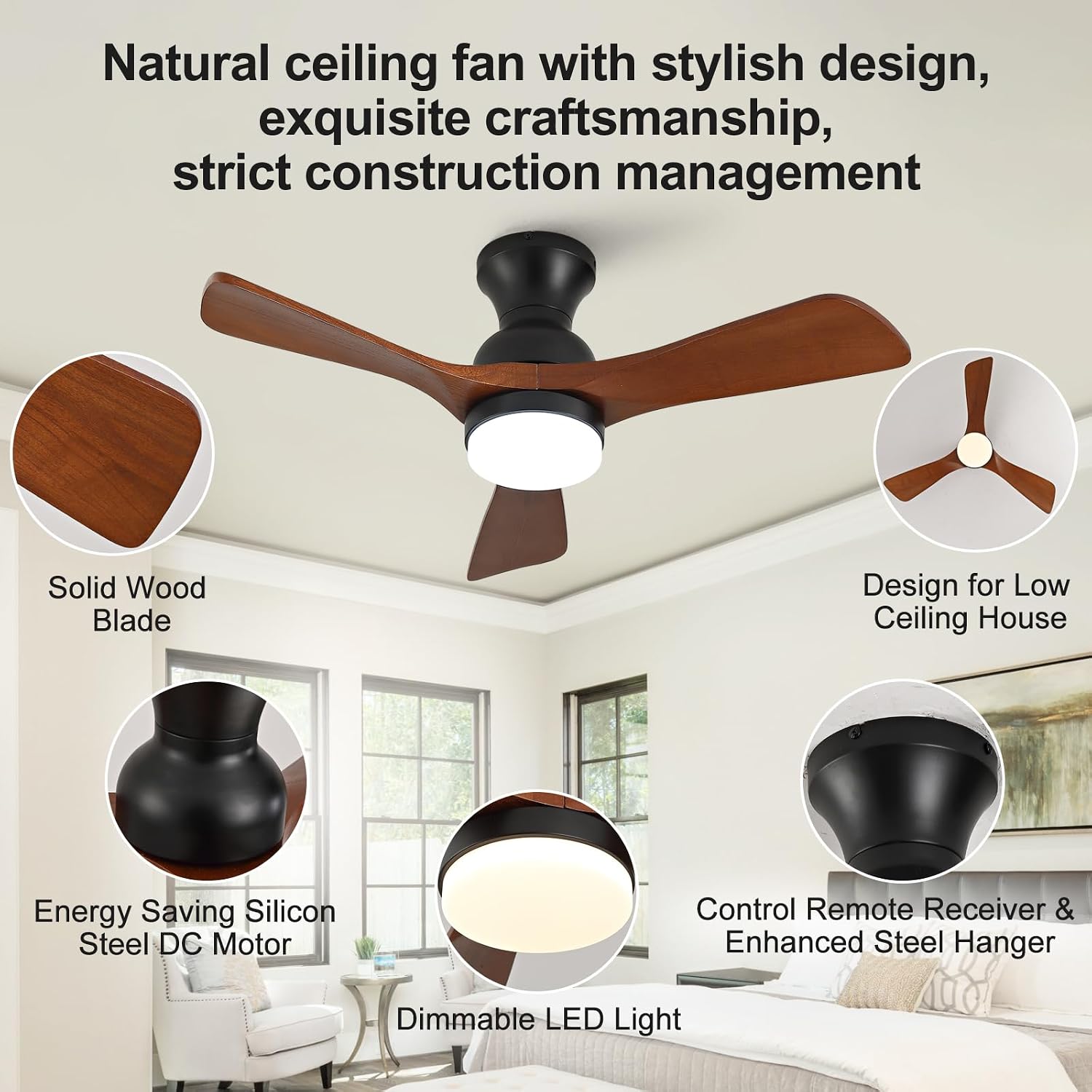 36 Inch Flush MountCeiling Fan with Light and Remote, Dimmable LED Light, Quiet DC Motor Low Profile Ceiling Fan, Wood Hugger Ceiling Fans with Lights, Indoor Outdoor Black