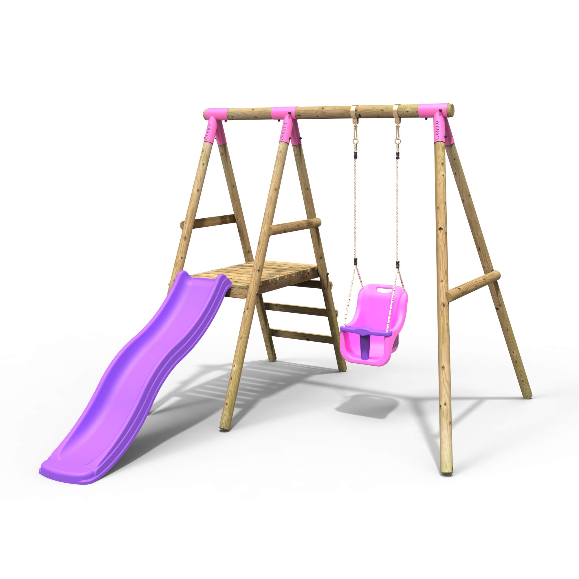 Rebo Pink Rebo® Cassini Wooden Swing Set With Platform And Slide - Cassini | Outdoortoys | Baby Swing Seat, Sturdy Wooden Construction, Pressure Treated Timber