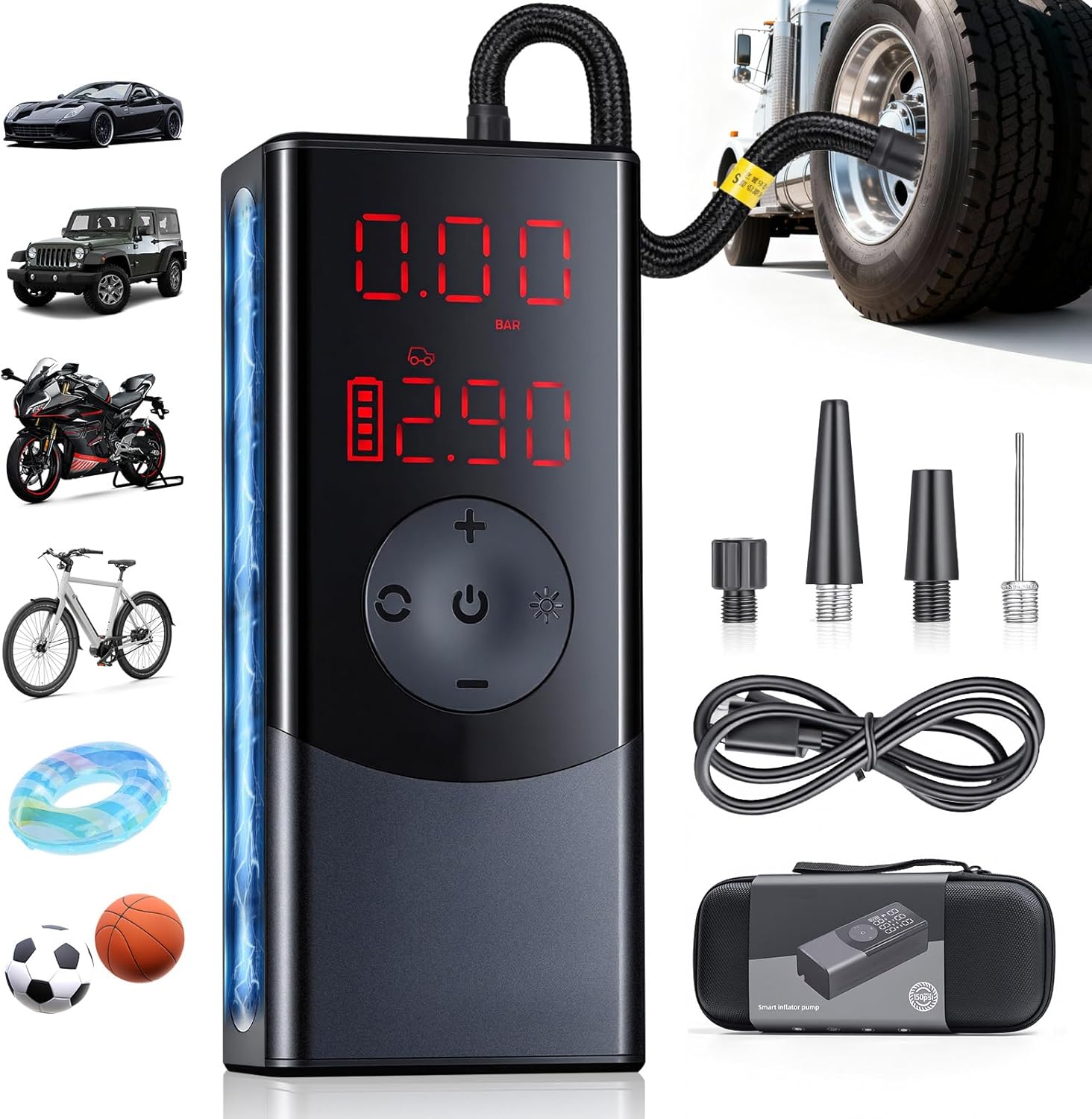 Tire Inflator Portable Air Compressor, Air Pump for Car with LED Light & Digital Pressure Gauge, 150 PSI, Auto Shut-Off, Rechargeable Cordless for Cars, Motorcycle, Bikes, Balls