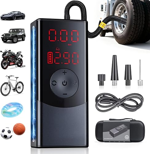 Tire Inflator Portable Air Compressor, Air Pump for Car with LED Light & Digital Pressure Gauge, 150 PSI, Auto Shut-Off, Rechargeable Cordless for Cars, Motorcycle, Bikes, Balls