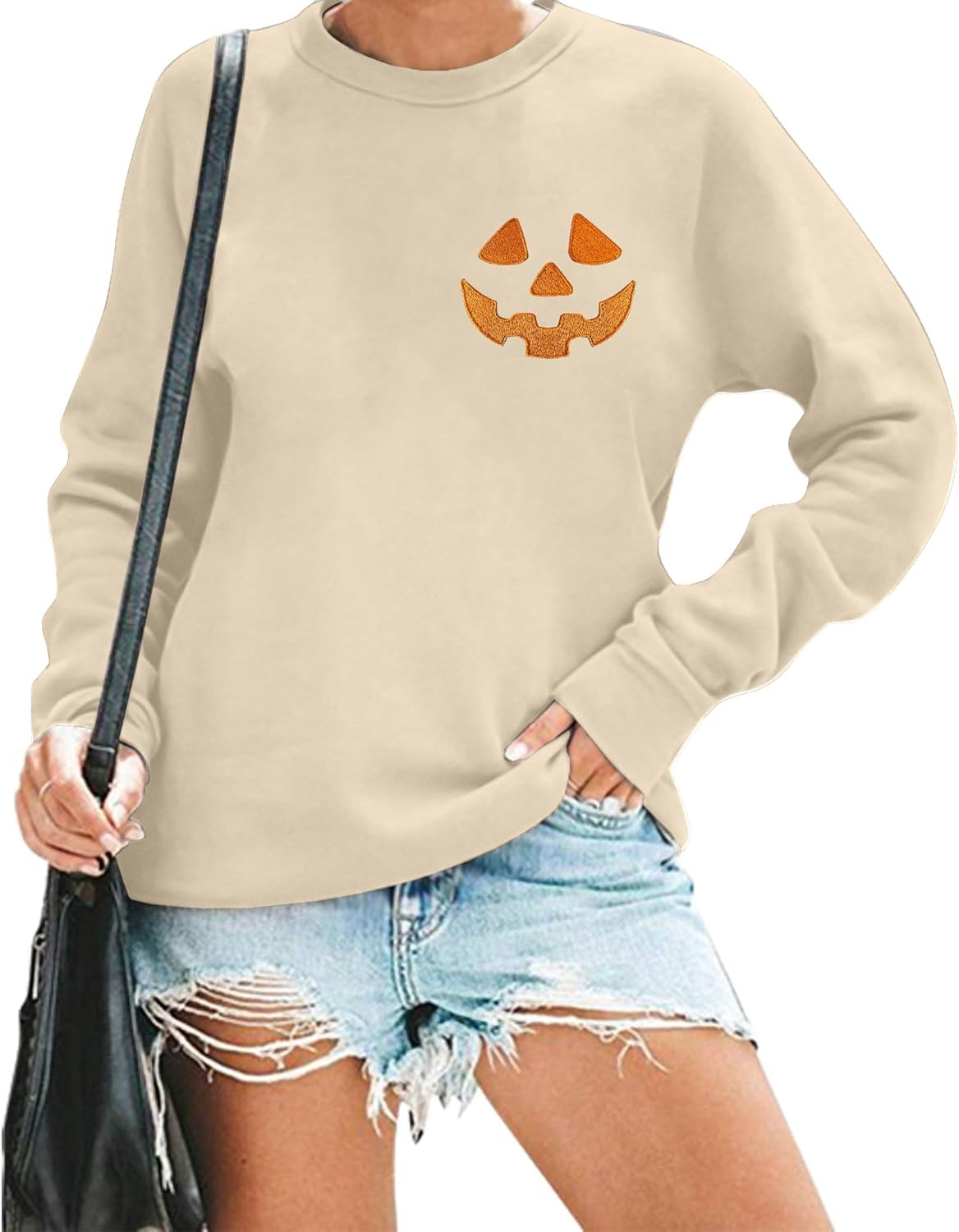 Halloween Pumpkin Face Sweatshirt Women Spooky Fall Embroidered Crewneck Sweater Long Sleeve Halloween Pullover Top