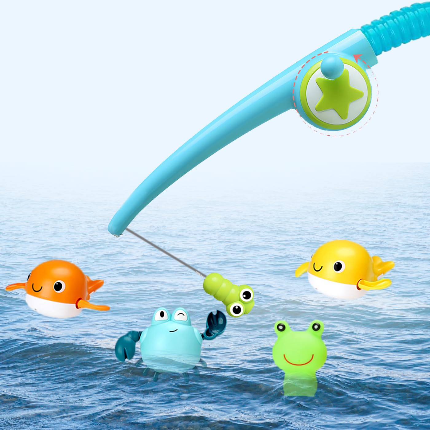 Children Toddler Fishing Game Set Bath Toy Rod Fish Catch Hook Pull Set and Fishing Net Swimming Pool Fishing Toys with fishing rod toy, fishing net hoop