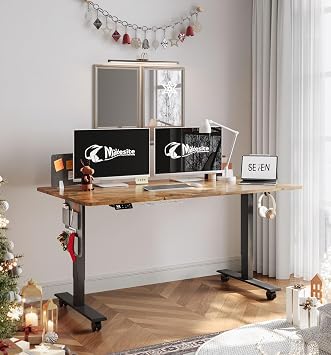 MAIDeSITe Electric Standing Desk Height Adjustable Standing Desk Sit Stand Desk Stand Up Desk with Drawer and 140 * 70cm Desktop for Home Office, Black Frame+ Vintage Desktop