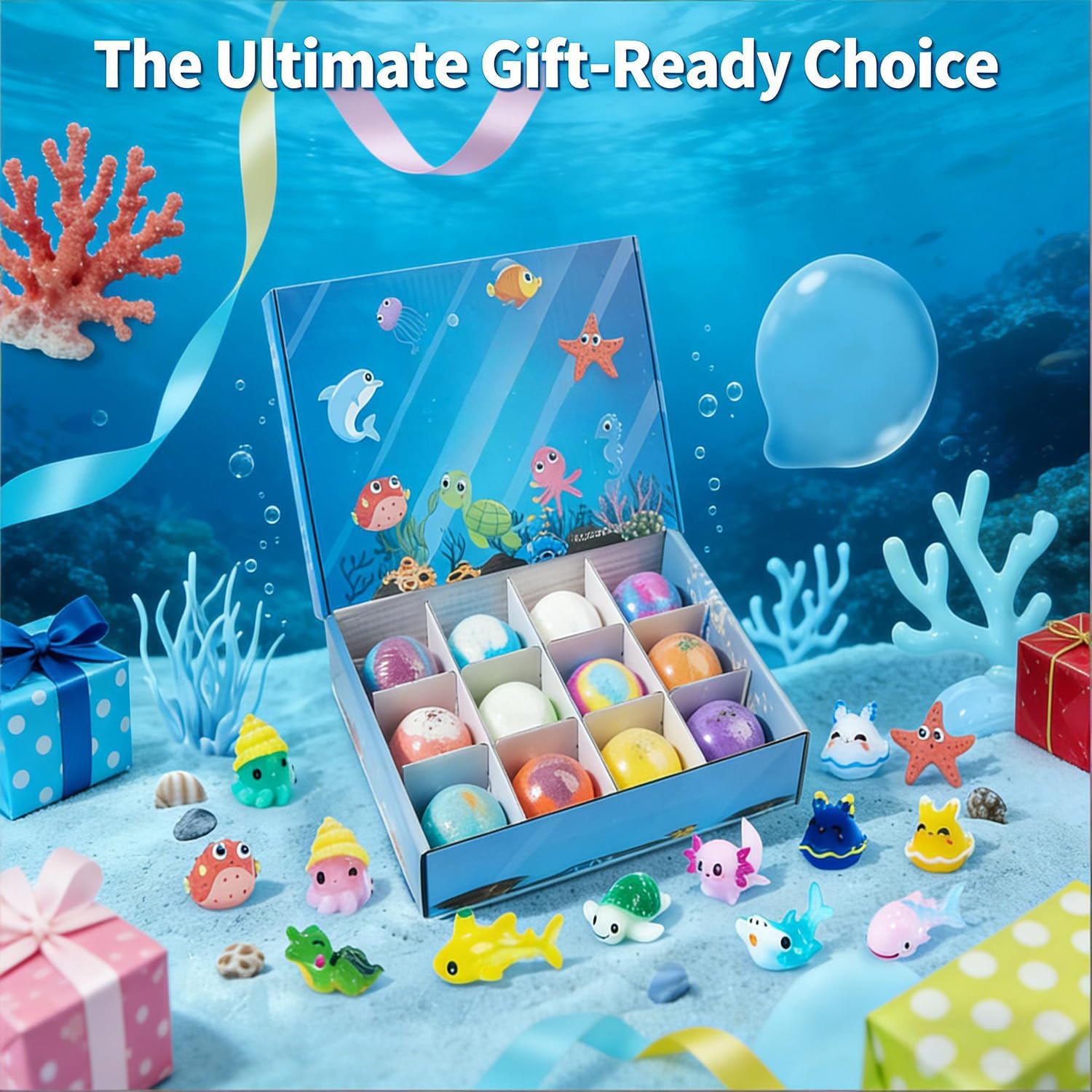 Ocean Toy Salt Ball Sleeve Box Bath Bombs, Bath Balls with Surprise Toys Inside, Natural Sea Salt Bubble Bath Fizzies for Boys & Girls, Gentle & Scented, Kid-Safe & Fun, Ideal Gift (B-1set)