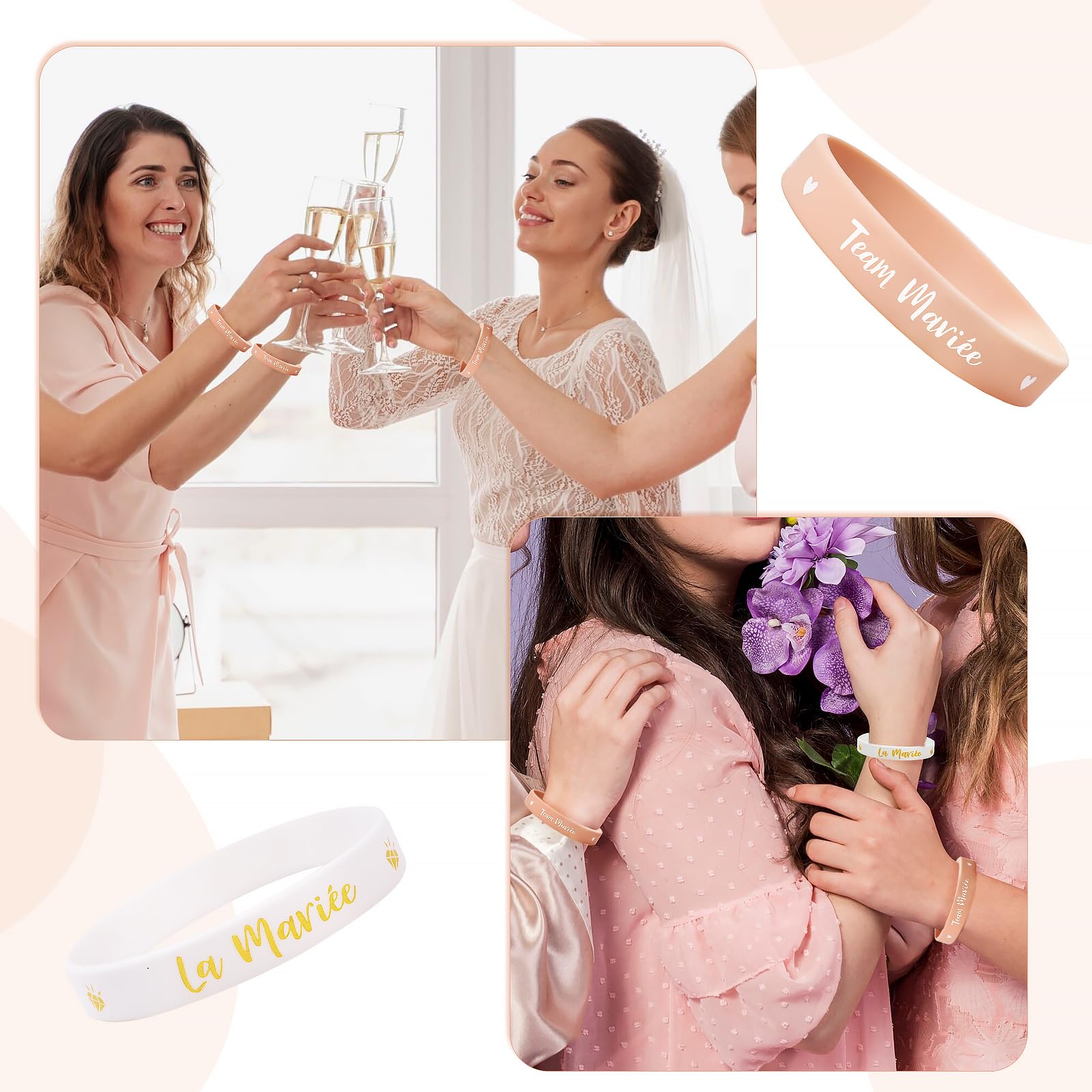 Lot De 12 Bracelets Silicone Pour EVJF - "La Mariée" & "Team Mariée" - Rose Et Blanc - Cadeau Fête Enterrement Vie De Jeune Fille