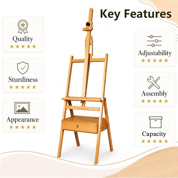 DJAR Adjustable Studio H-Frame Easel with Art Supply Storage Drawer, Solid Beech Wood Easel Stand for Artists, Students and Beginners, Holds Canvas up to 36, Natural