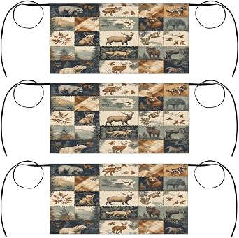 3 Pack Server Apron Wildlife Bear Deer Wolf Autumn Waitress Aprons with 3 Pockets Oil Stain Resistant Short Waiter Waist Aprons for Women Men Restaurant Cafes Bars Home