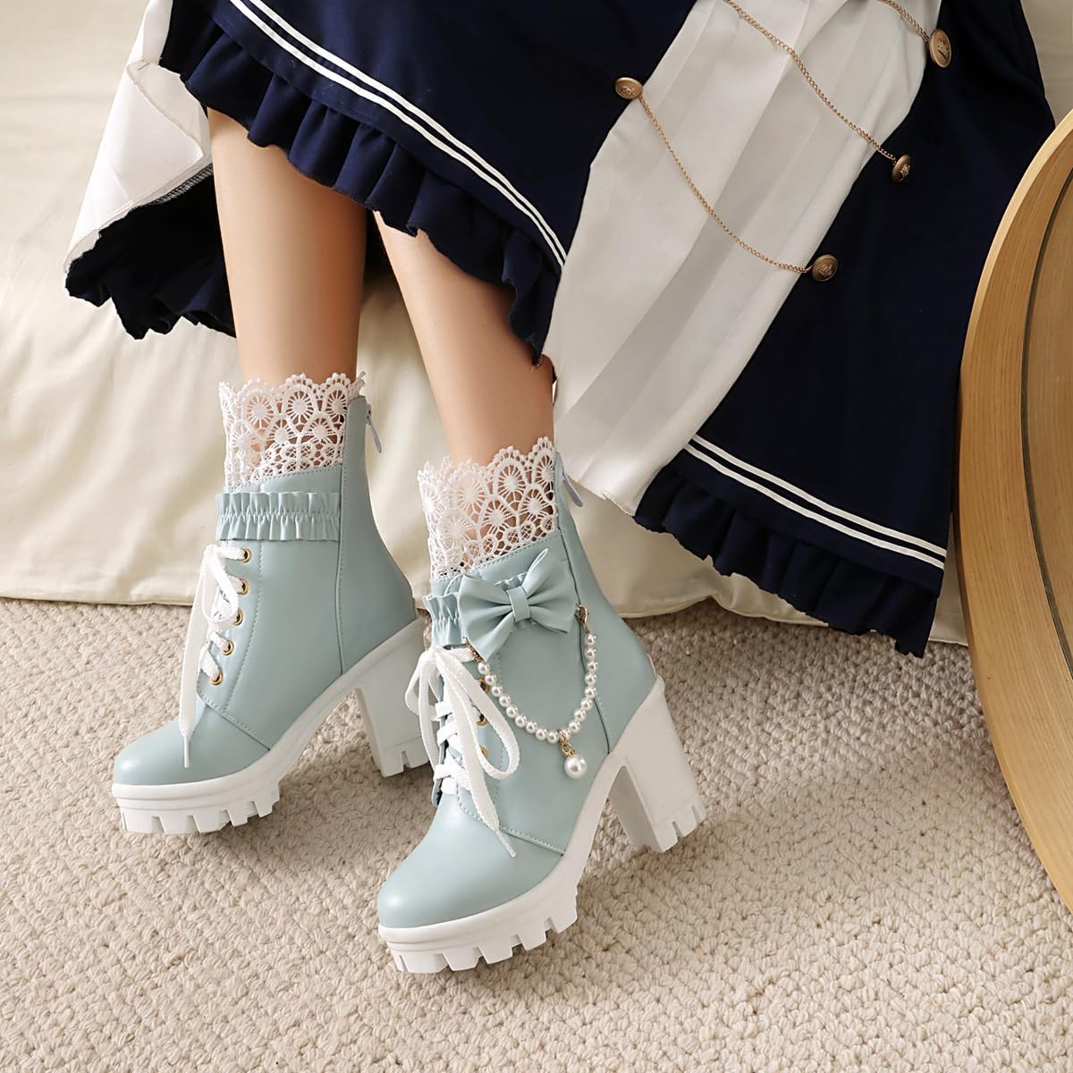 DINTAHA Gothic Lolita Cosplay Boots Lace Up Platform Chunky Heel Ankle Boots