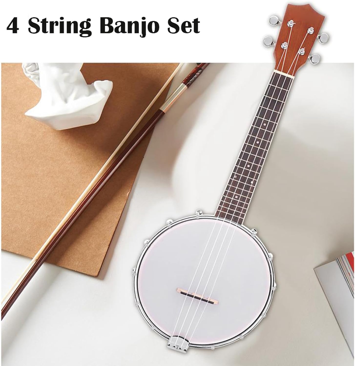 4 String Banjo Set, Complete Starter Kit with Banjo, BJ10 Strings, Capo and Polish Cloth for Beginners and Musical Lovers