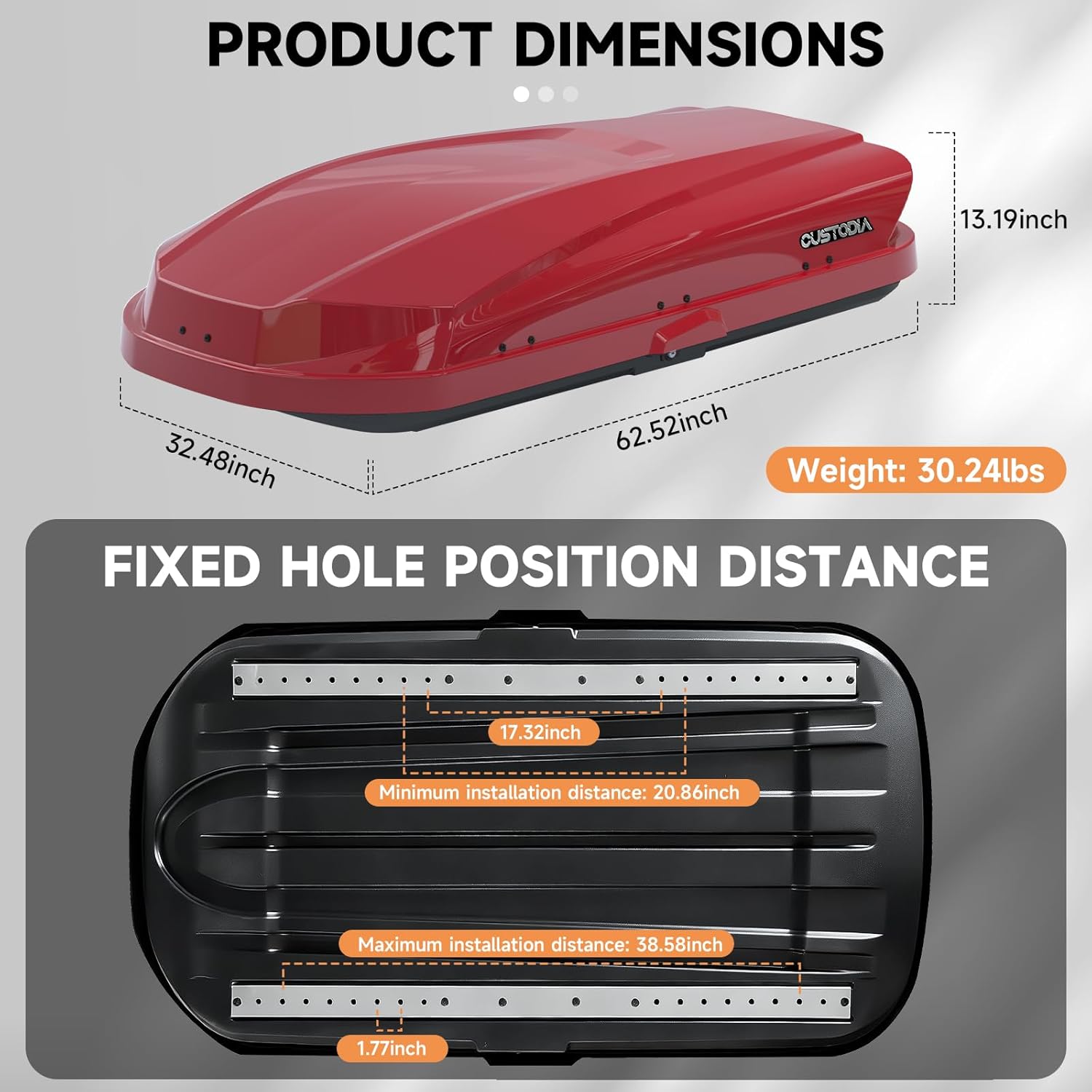 Rooftop Cargo Carrier Hard Shell, Dual-Side Opening Car Roof Cargo Box with Security Key, 150LBS Capacity, Car Roof Cargo Carrier for 17.32" to 38.58" Wide Crossbar Rack