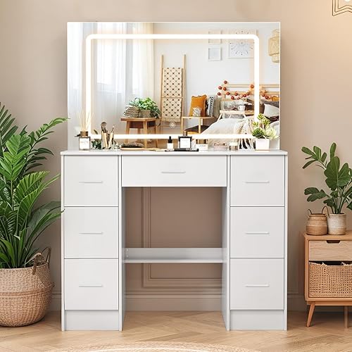 Miniatura 10 de Escritorio pequeño de tocador con espejo y luces, tocador de maquillaje con 6 cajones, 6 estantes y espejo LED deslizante, 3 modos de luz ajustable,