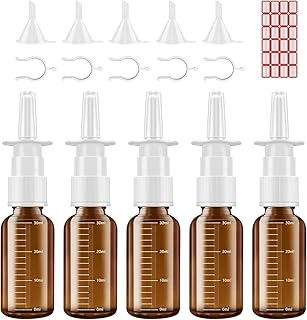 Nasal Spray Bottles with Graduated Scale, 5 PCS 30ML/1OZ Continuous Fine Mister Spray Bottles, Refillable Small Empty Amber Glass Bottle with Funnels, Travel Clips and Labels