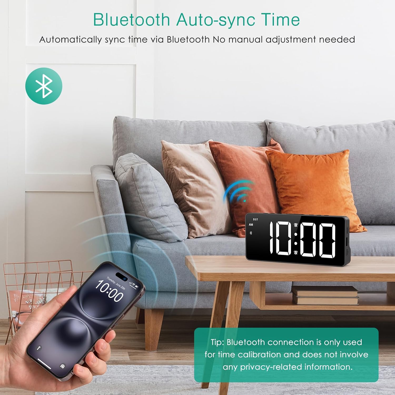 ORIA Digital Alarm Clock with Bluetooth Auto Sync, Large Display LED Clock with Adjustable Brightness & Volume, Snooze, 12/24H Mode, Bedside Clock for Heavy Sleepers Bedroom Home Office