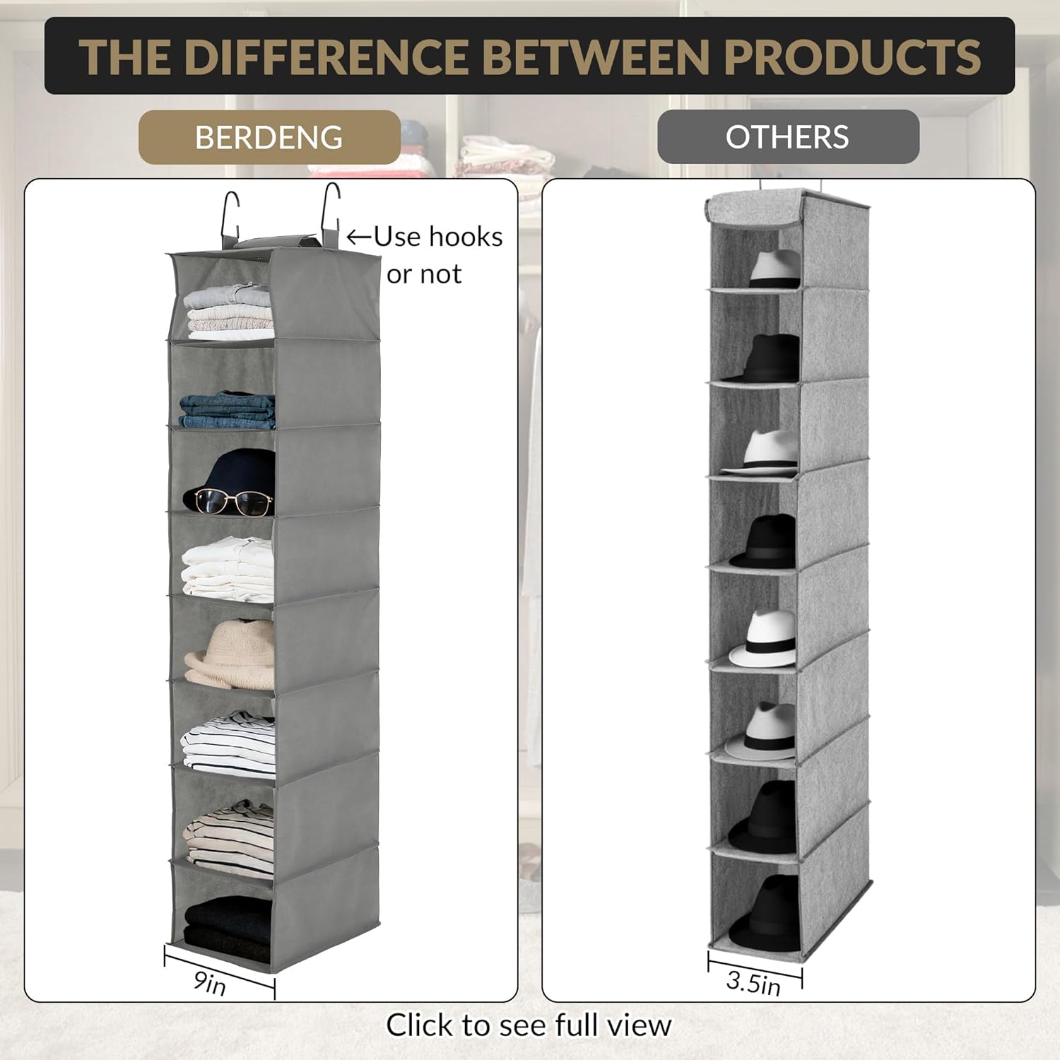 3-Tier Hanging Shoe Organizer for Closet, Gray 8-Shelf Storage Holder with 2 Hooks, No Tools Needed Installation, Space-Saving Shelf for Shoes, Purses, Scarves, Accessories (3 Pack)