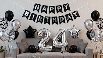 24th Birthday Decorations for Men Women, Number 24 Foil Birthday Balloons Silver Black Metallic Confetti Latex Balloons 24th Happy Birthday Banner for Him Boyfriend Her 24 Year Birthday24th
