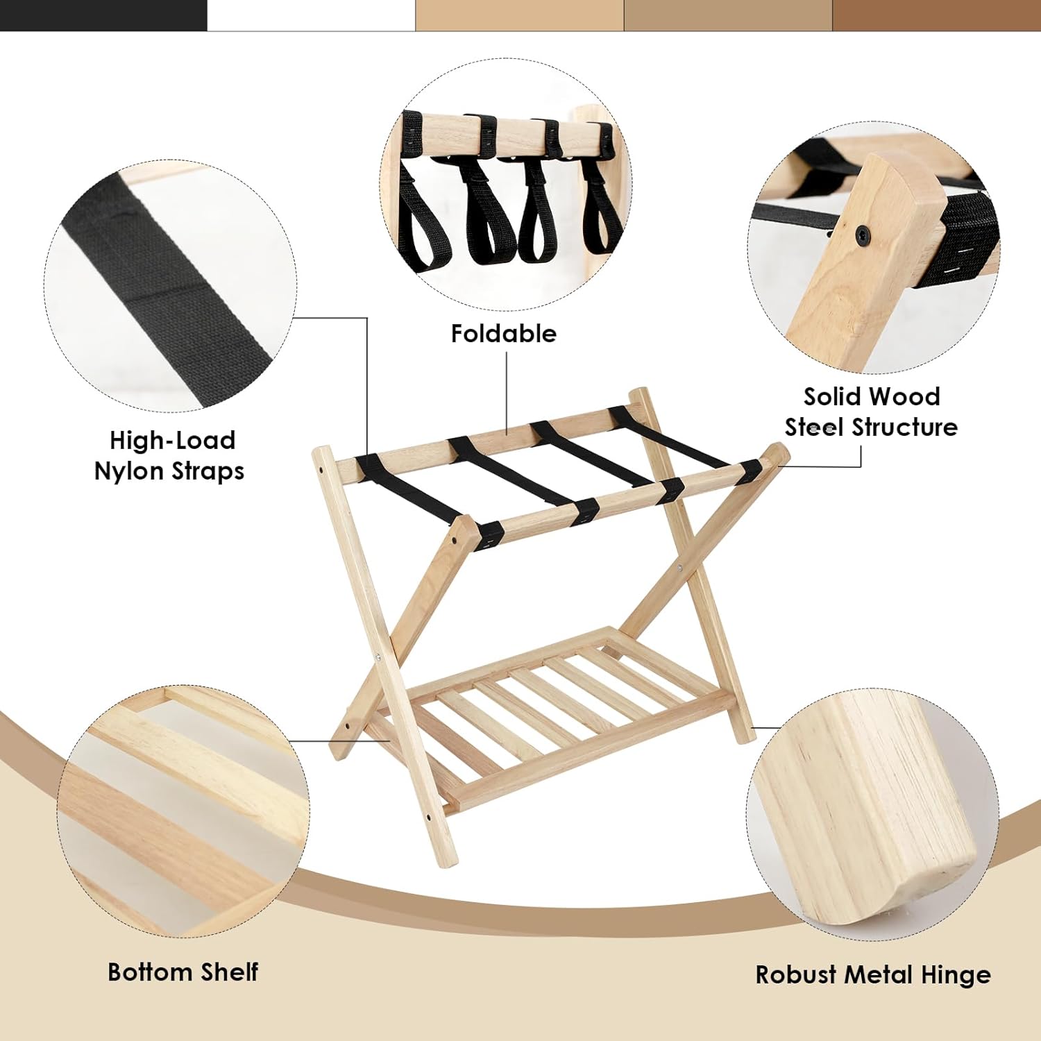 Foldable Rubber Wood Luggage Rack, X-Frame Suitcase Stand with Storage Shelf, 131 LBS Heavy Duty, Easy Assembly, Space-Saving Luggage Holder for Guest Room Bedroom Hotel(4 pack )