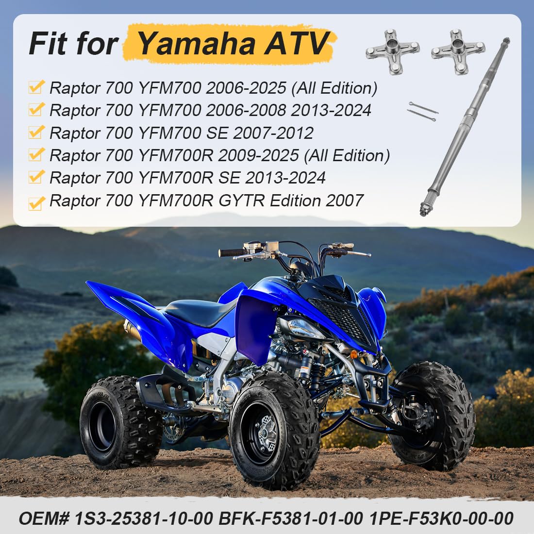 Eje trasero y Cubo de rueda trasera apto para Yama-ha Raptor 700 2006-2025 1S3-25381-10-00 BFK-F5381-01-00 1PE-F53K0-00-00