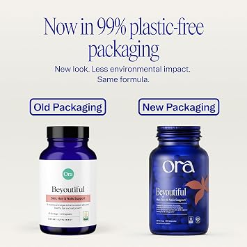 Ora Organic Hair, Skin, and Nails Support- Beyoutiful - Beauty Supplement with B Vitamins and Biotin for Healthy Hair, Niacin for Skin Health - 60 Vegan Capsules