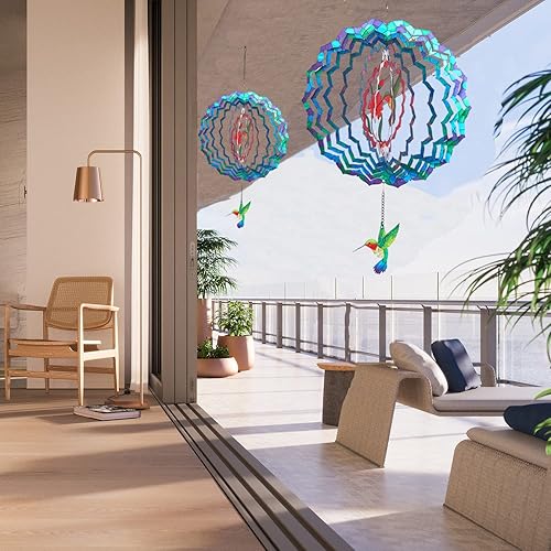 Miniatura 5 de Molinillos de viento colgantes, 12 pulgadas 3D cinético colibrí giratorio de viento para decoración de patio y jardín, de acero inoxidable,