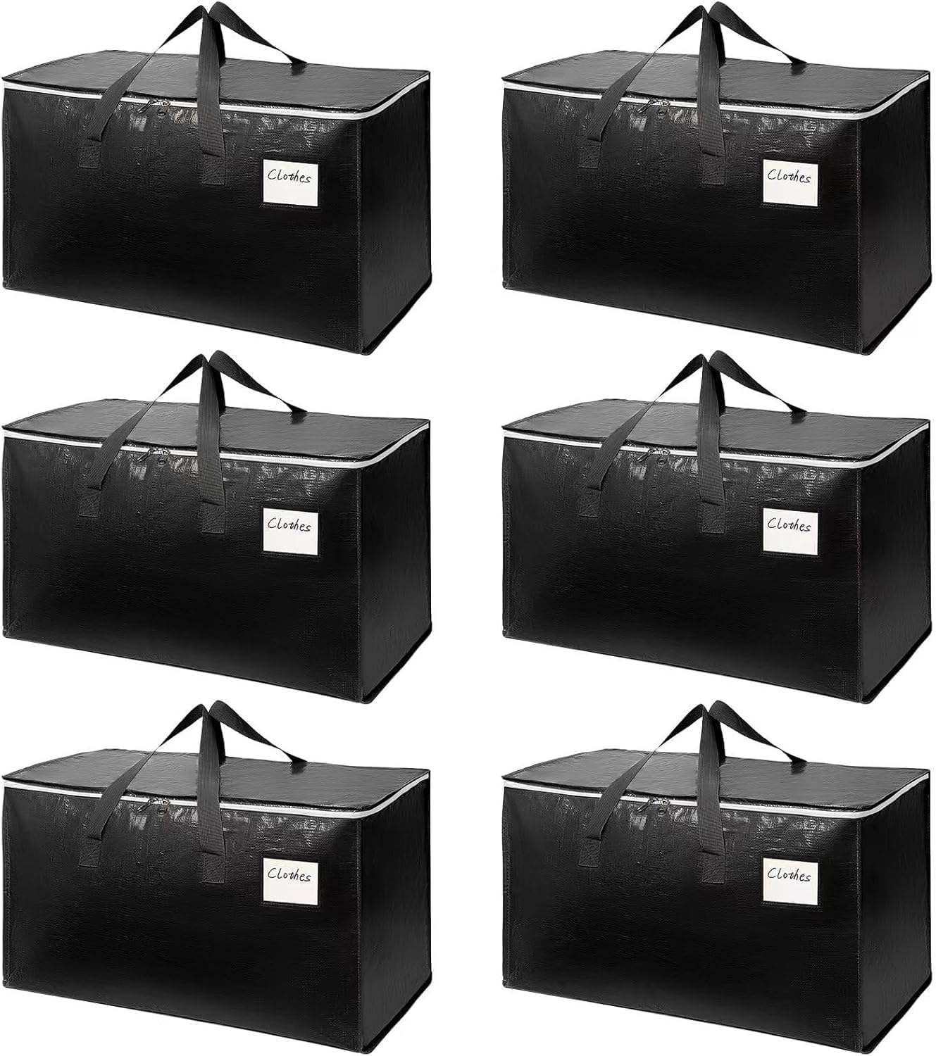 6-Pack Extra-Large Heavy-Duty Moving Bags with Reinforced Handles, Durable Zippers & Waterproof Material — Perfect for Space-Saving, Storage, Shipping and Travel (Black)