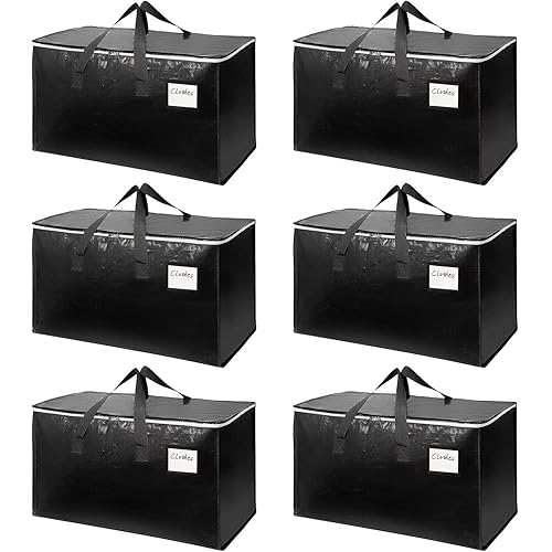 6-Pack Extra-Large Heavy-Duty Moving Bags with Reinforced Handles, Durable Zippers & Waterproof Material — Perfect for Space-Saving, Storage, Shipping and Travel (Black)