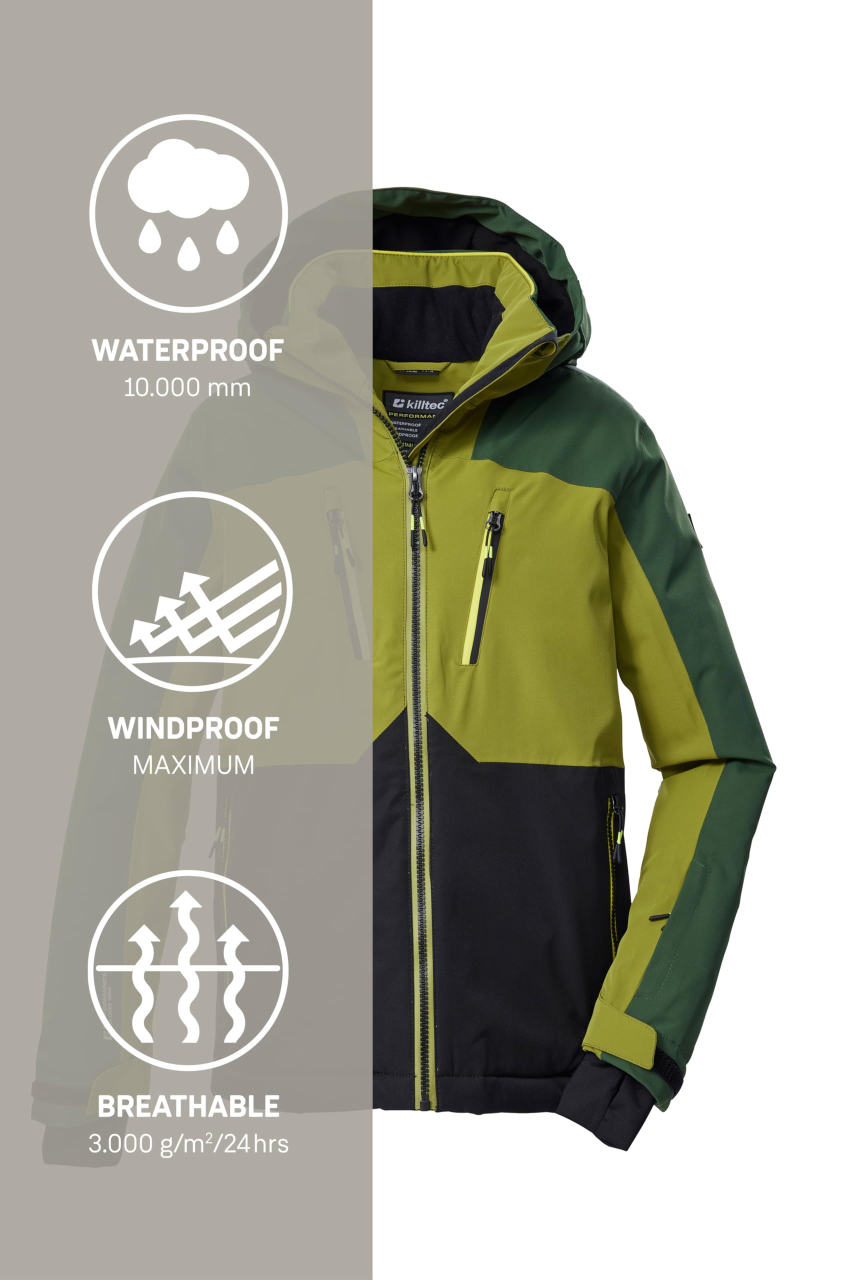 Killtec Jungen Skijacke/Funktionsjacke mit Kapuze und Schneefang KSW 190 BYS SKI JCKT, schwarz/khaki/dunkel waldgrün, 152, 43473-000