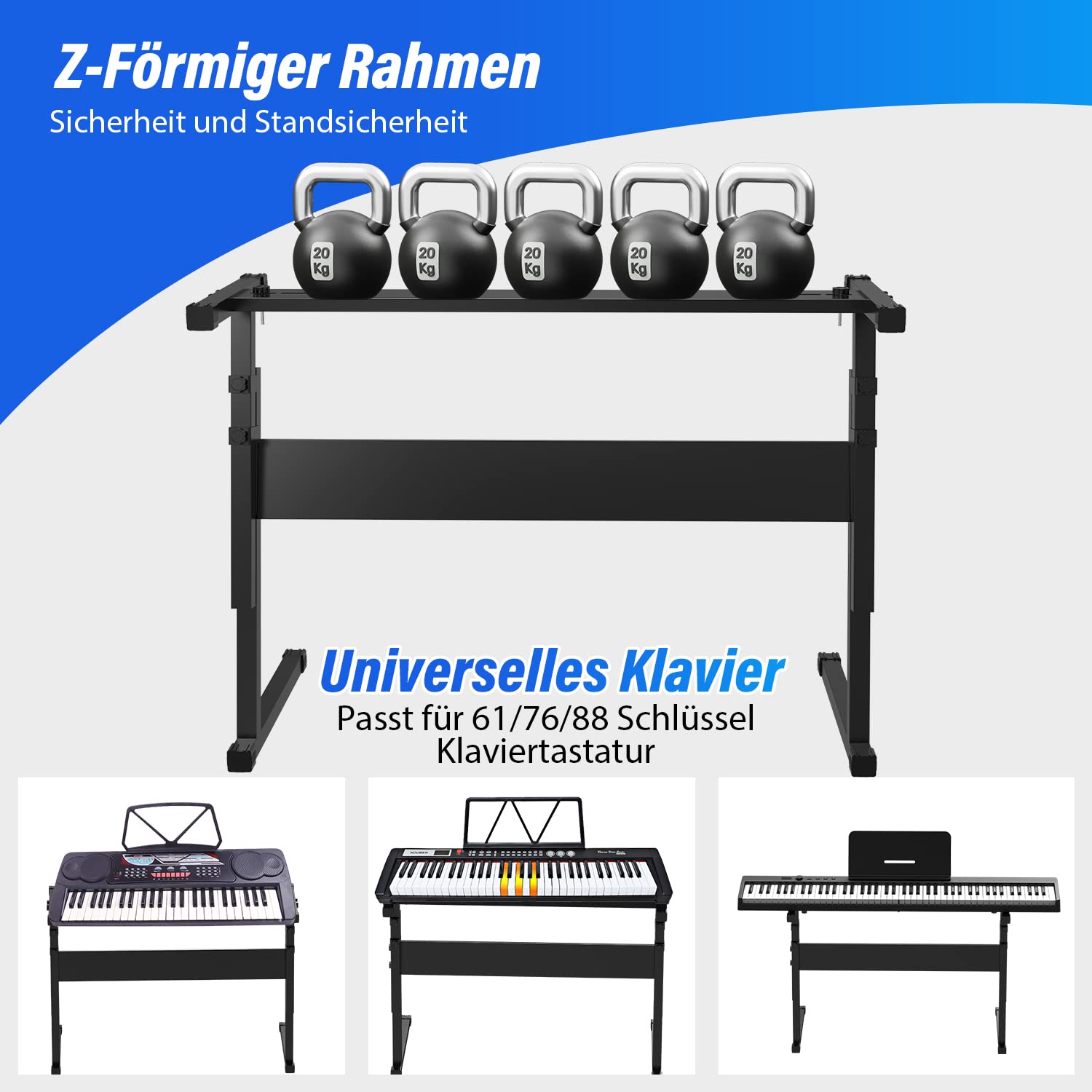 Support Z-Frame Robuste Pour Piano Numérique – Réglable En Hauteur Pour 49, 61, 76, 88 Touches – Style Z Stable Et Solide
