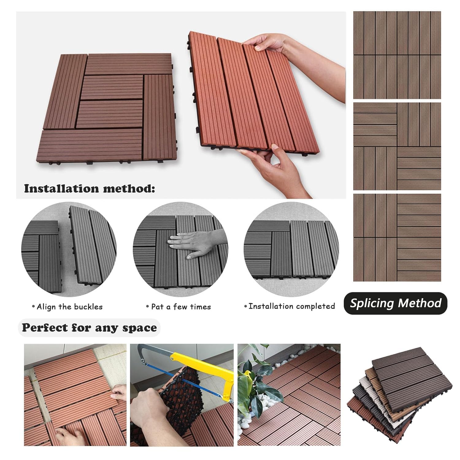 Dalles et lames de terrasse en composite, 11 dalles emboîtables en bois for terrasse et patio, multicolores, 30 x 30 x 2 cm.(C-Wood)