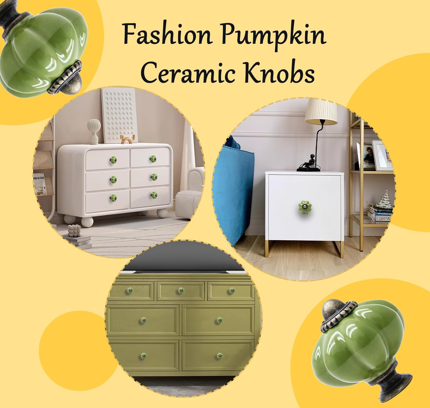 12 Pack Sage Green Pumpkin Knobs Ceramic Cabinet Knobs Retro Dresser Vintage Drawer Pulls for Vanity, Closet