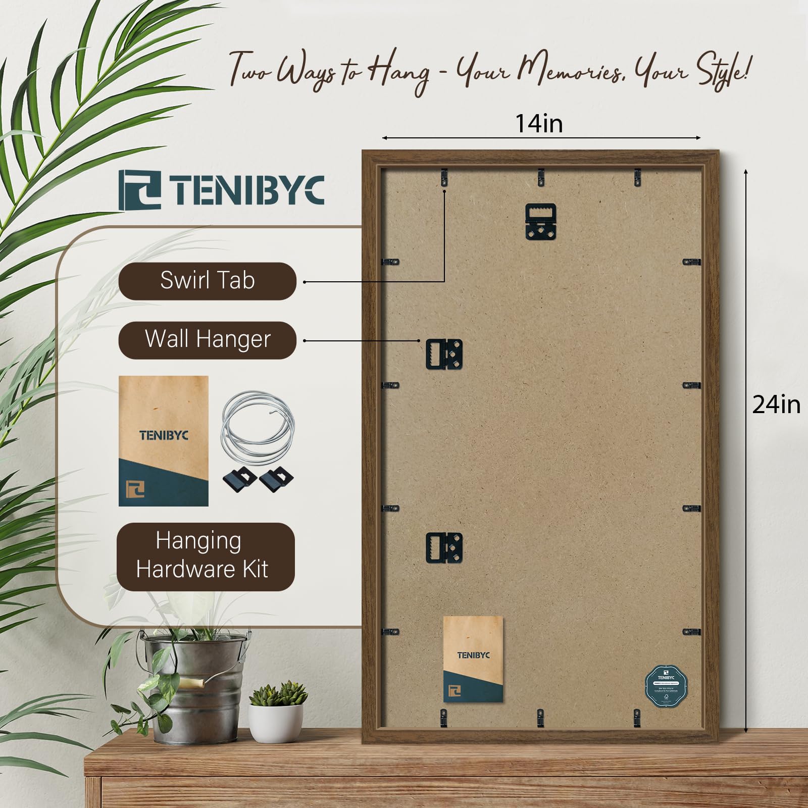 TENIBYC 14x24 Poster Frame 3 Pack - Textured Brown Solid Wood Gallery Picture Frames For Wall Or Table