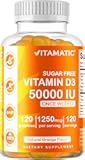 Vitamatic Sugar Free Vitamin D3 50,000 IU Weekly Supplement - 120 Pectin Based Gummies - Vitamin D Capsules for Bones, Teeth, and Immune Support (50000 IU)