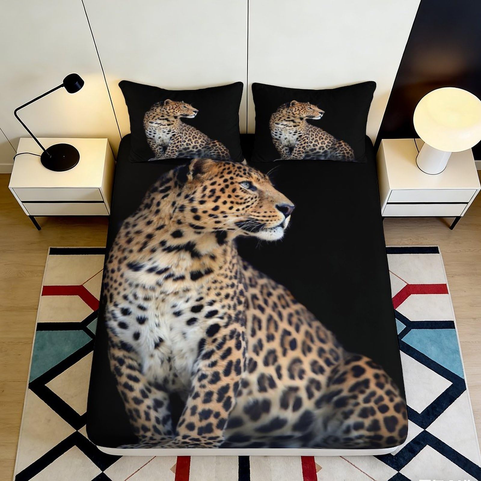 3D Printed Leopard Pattern Fitted Sheet Microfiber Soft Breathable Wild Cat Bed Cover for Bedroom Dormitory Guest Room Mattress Protection Decor 160x200x25cm