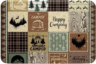 Erosebridal Rv Camper Theme Bathroom Rug Set,Kids Happy Camping Bath Mat Rustic Cabin Room Decor,Travel Trailers Accessories Camper Bath Rug for,Patchwork Buffalo Plaid Door Mat 20"x32"