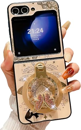 Ring Holder Megnetic Case for Galaxy Z Flip 5,Cute 3D Rhinestones Bling Sparkle Butterfly Cat Luxury Lace Pattern Compatible with Magsafe Girly for Samsung Galaxy Z Flip5 5G Rose Gold