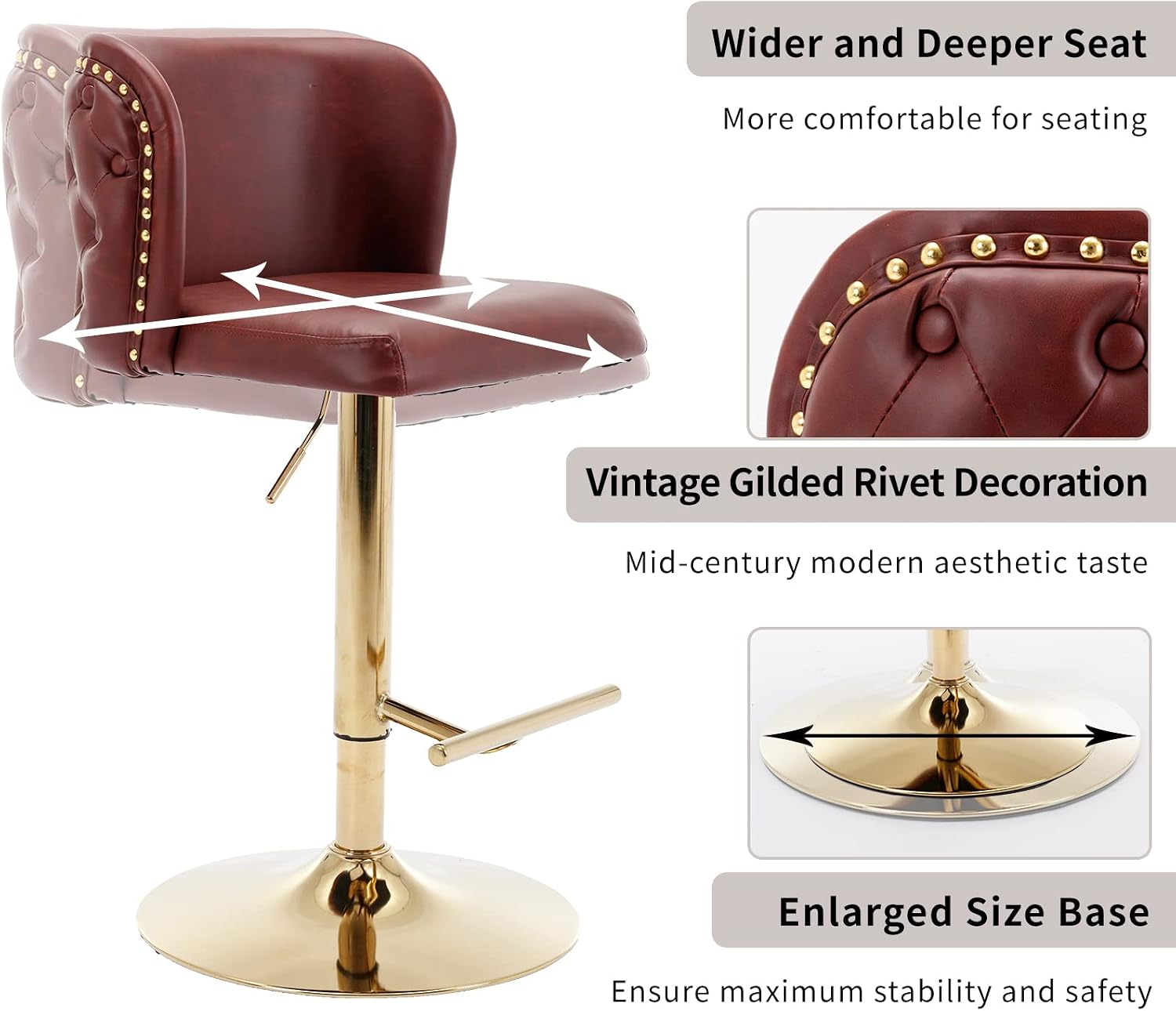 ODUSE-DAILY Swivel Bar Stools Set of 2, PU Leather Bar Stools with Back, 25"-33" Counter Height to Bar Height Adjustable Stool Chairs, for Kitchen Island Pub Dining Room (2Pcs,Burgundy Wine Red)