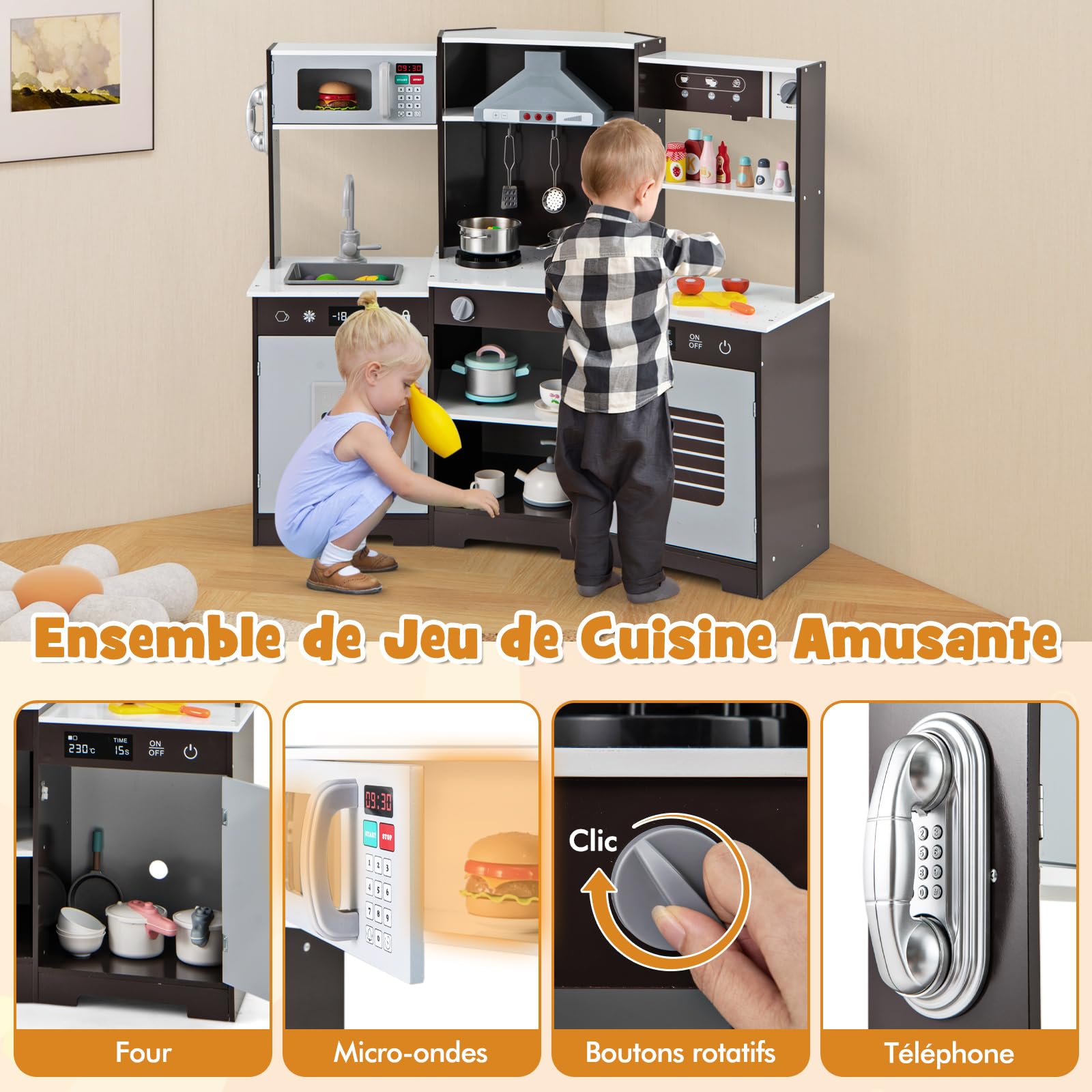 COSTWAY Cuisine Enfant en Bois avec Effets Sonores & Lumières Réels, Jeu de Cuisine avec Micro-Ondes & Cafetière, Machine à Glaçons & Armoires, Jeu d'Imitation pour Garçon Fille de 3 Ans+ (Marron)