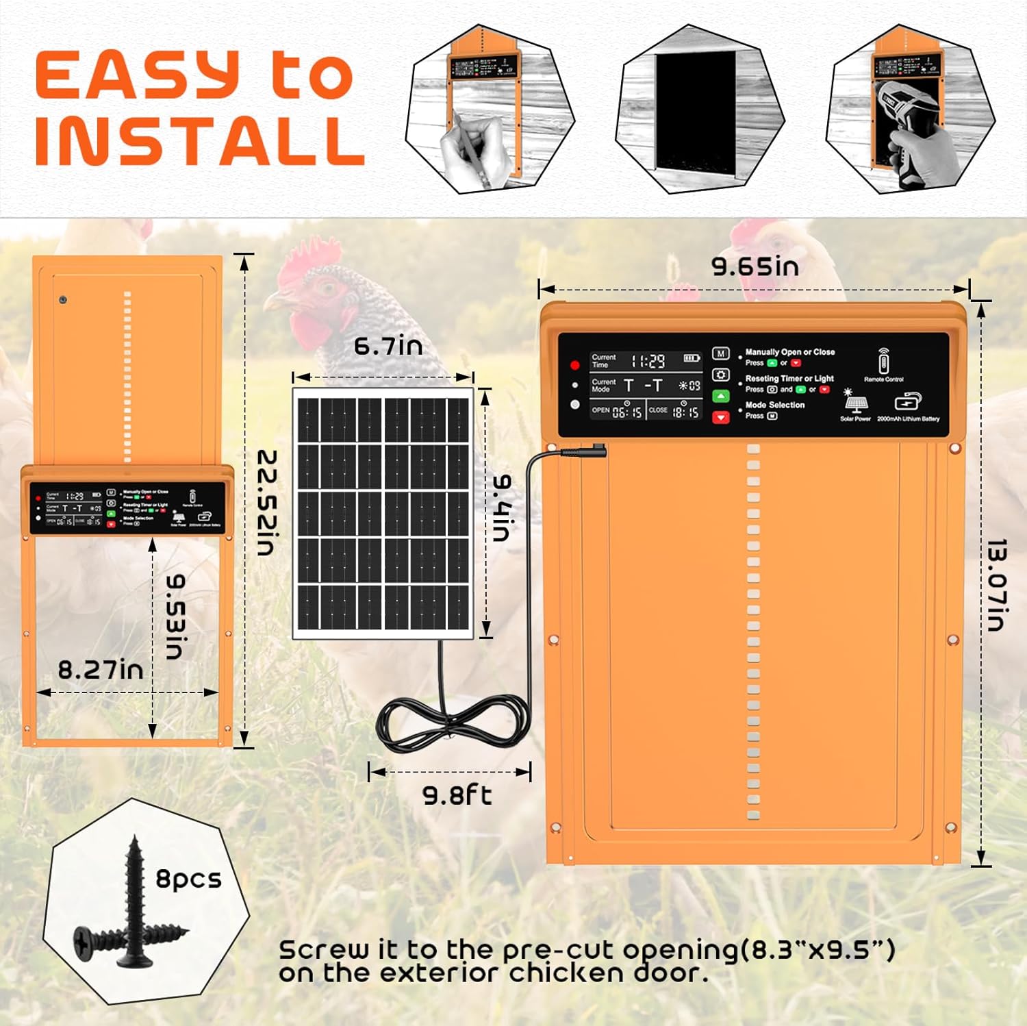 Asfrost Automatic Chicken Coop Door Solar Powered Automatic Chicken Door with Timer & Light Sensor, Anti-Pinch, Durable Aluminum Auto Chicken Door, Charge with 7W Solar Panel & USB - Orange