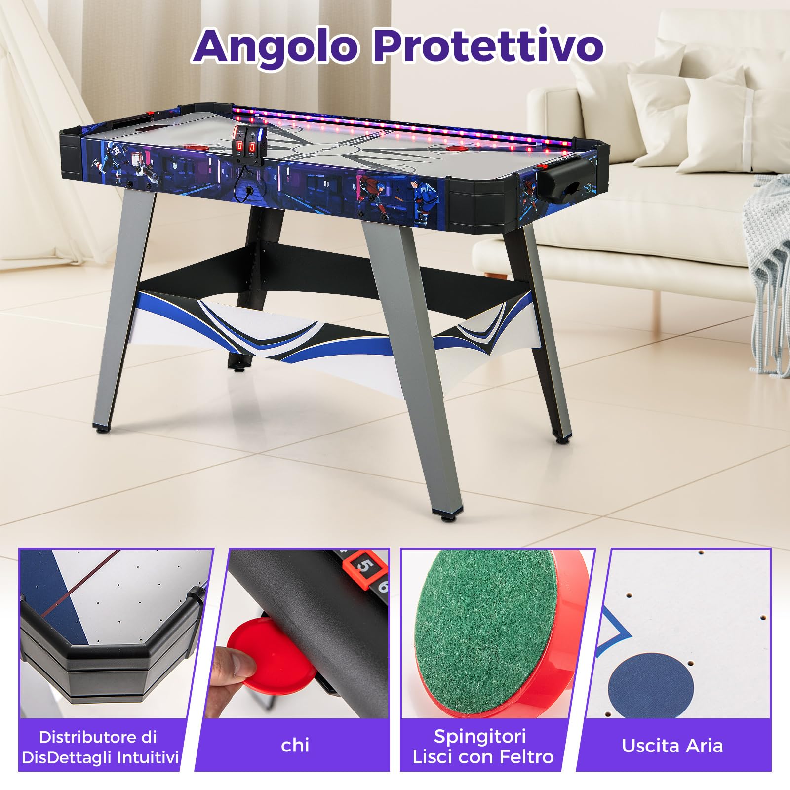 COSTWAY Air Hockey da Tavolo con 2 Spintori e Dischi, Piedini Regolabili, Tavolo da Hockey Alimentato con 12V Motore e Tabellone Segnapunti LED, Tavolo Hockey da Interno 137 x 65 x 86 cm