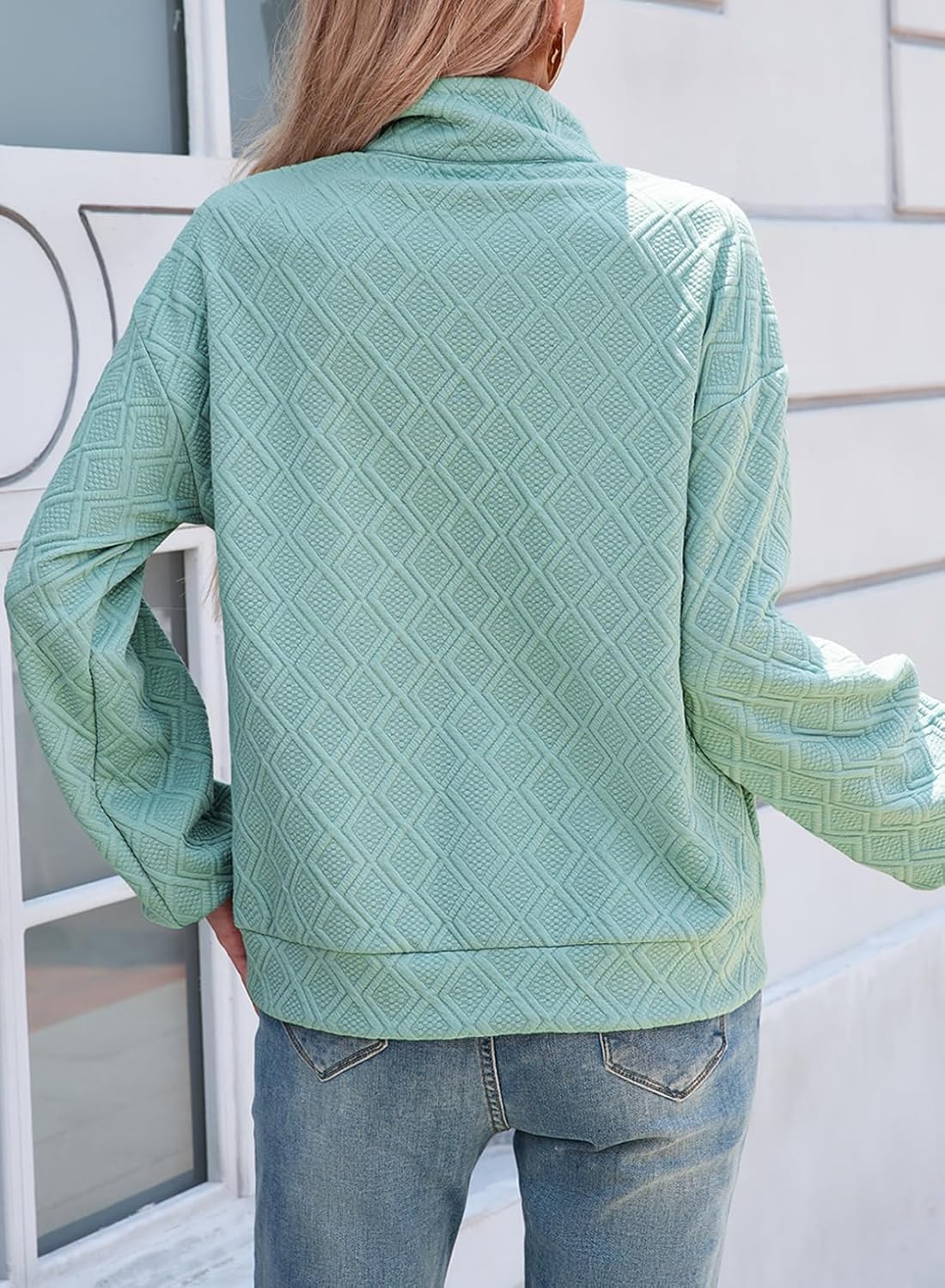 SHEWIN Womens Casual Textured Sweatshirt Colorblock Striped Collar Quarter Zip Long Sleeve Pullover Tops - Image 9