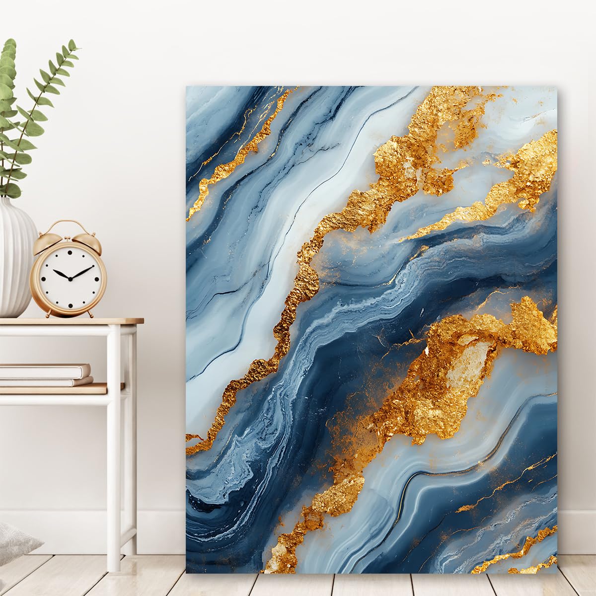 Via Vela Pintura de cartel con textura de cartel en lienzo abstracto azul y dorado en lienzo abstracto con textura de piedra natural para decoración de dormitorio y salón 70x90cm