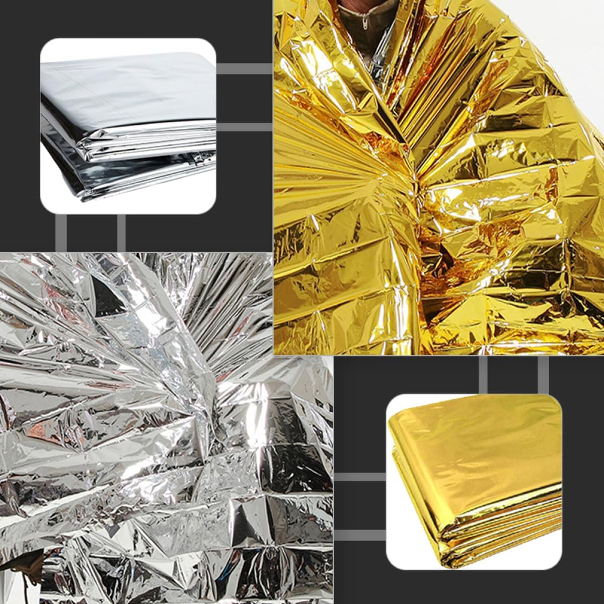 Cabilock 4pcs Emergency Aluminum Foil Blankets Double-Sided Thermal Insulation Survival Space Blankets for Outdoor Camping Hiking Emergency Use