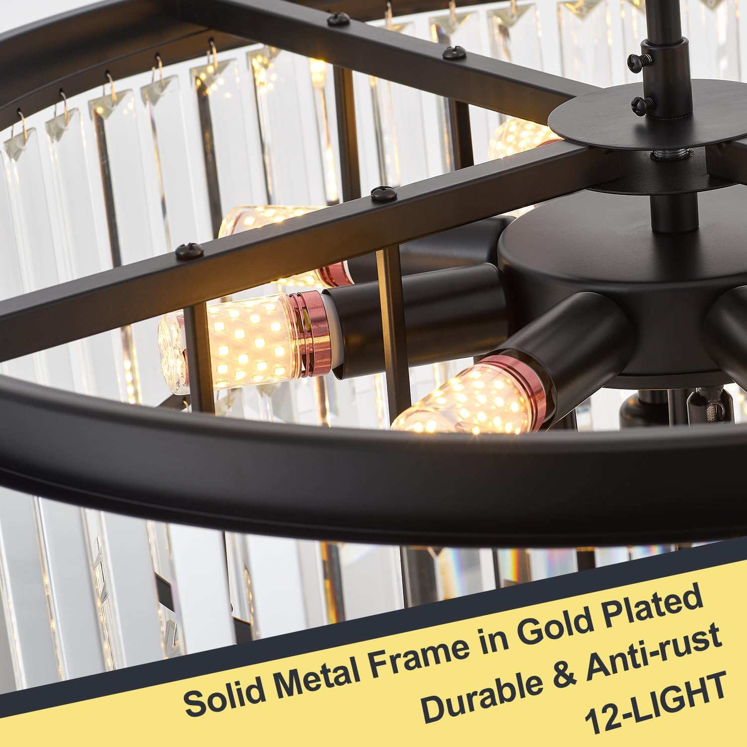 4-Tiers 23.6" Black Modern Crystal Chandelier 12-Light Crystal Pendant Ceiling Light Fixture Hanging Lighting for Entryway Dining Room Bedroom Living Room Foyer High Ceiling