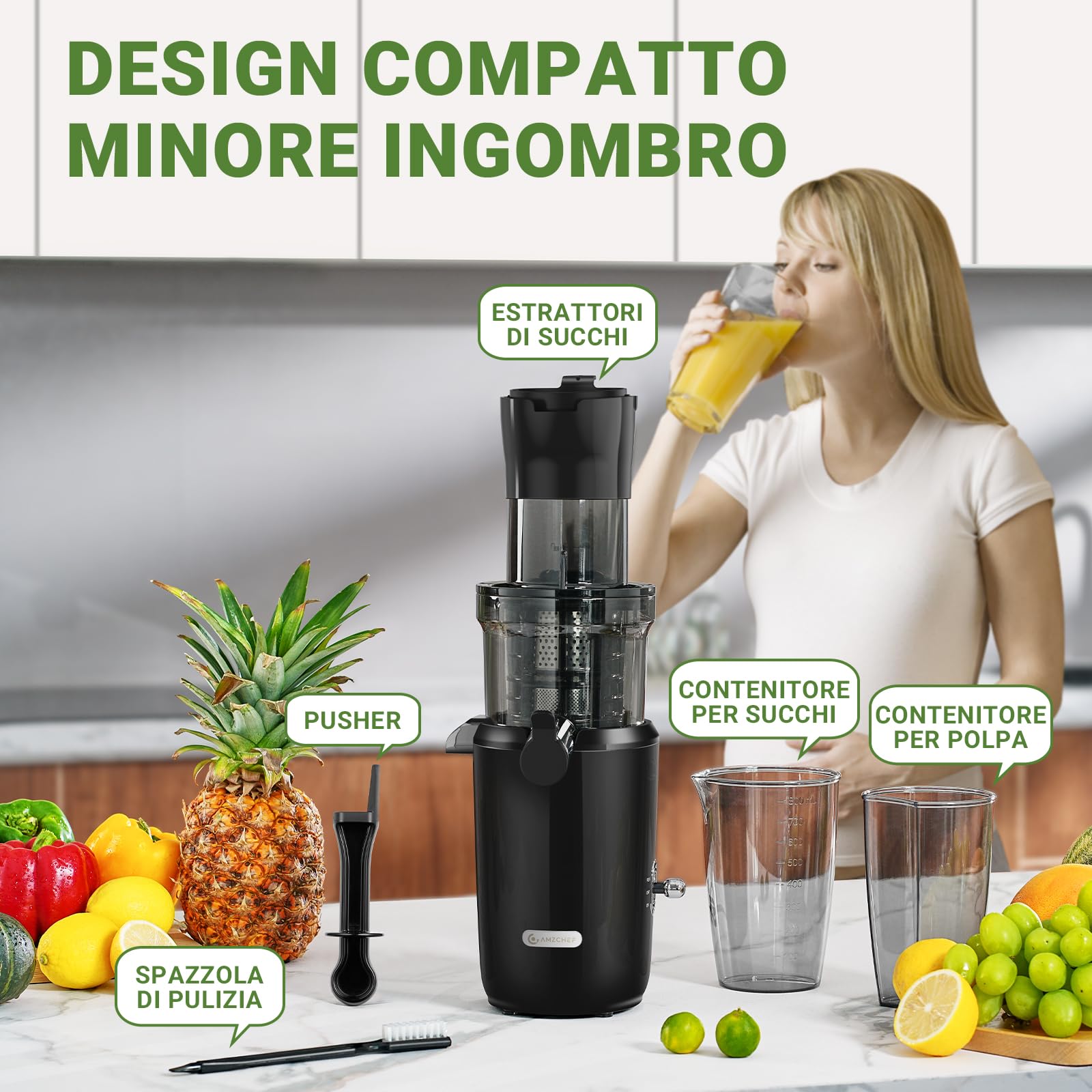 AMZCHEF Estrattore Frutta E Verdura Per Tutta La Frutta 80MM - Estrattore A Freddo Frutta E Verdura Con 80MM Scivolo Alimentare, Coclea Potenziata, Filtro A Doppio Strato, Motore Silenzioso (Blu Nero)