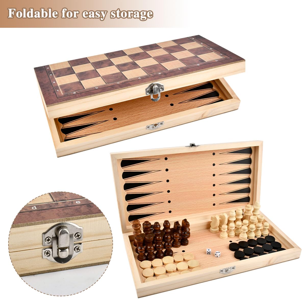 Jeu D’échecs 3 En 1 Pliable En Bois – 29×29 Cm, Pièces Magnétiques – Pour Voyage, Famille, Initiation
