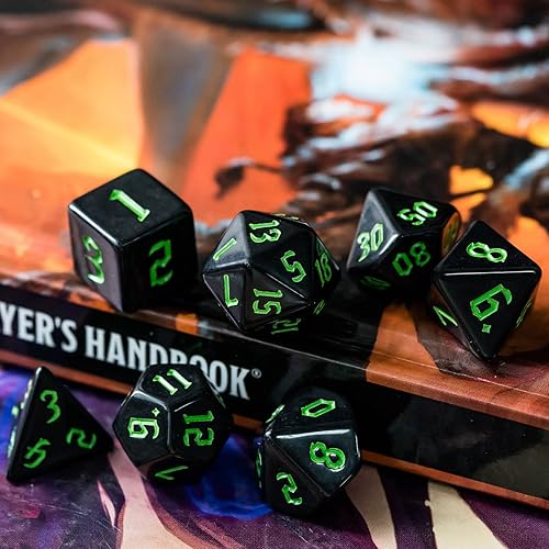 Miniatura 6 de Juego de dados DND de 7 dados poliédricos con una bolsa de dados de cuero, juego de dados D&D para juegos de mesa RPG (negro)